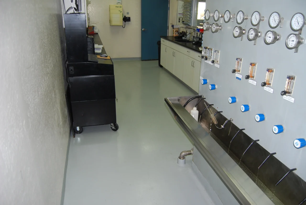 Lab floor during epoxy coating work